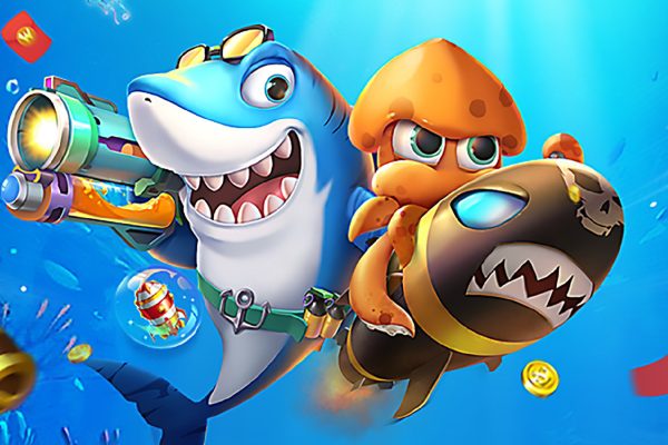 ฉากเกมปลาพร้อมเป้าหมายและการควบคุมปืน