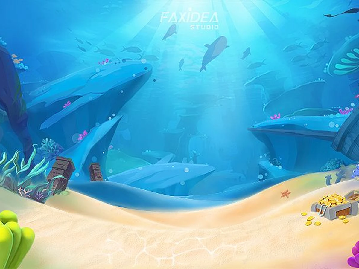 ฉากเกมยิงปลาที่มีปลาและสิ่งมีชีวิตใต้น้ำเคลื่อนผ่านหน้าจอ